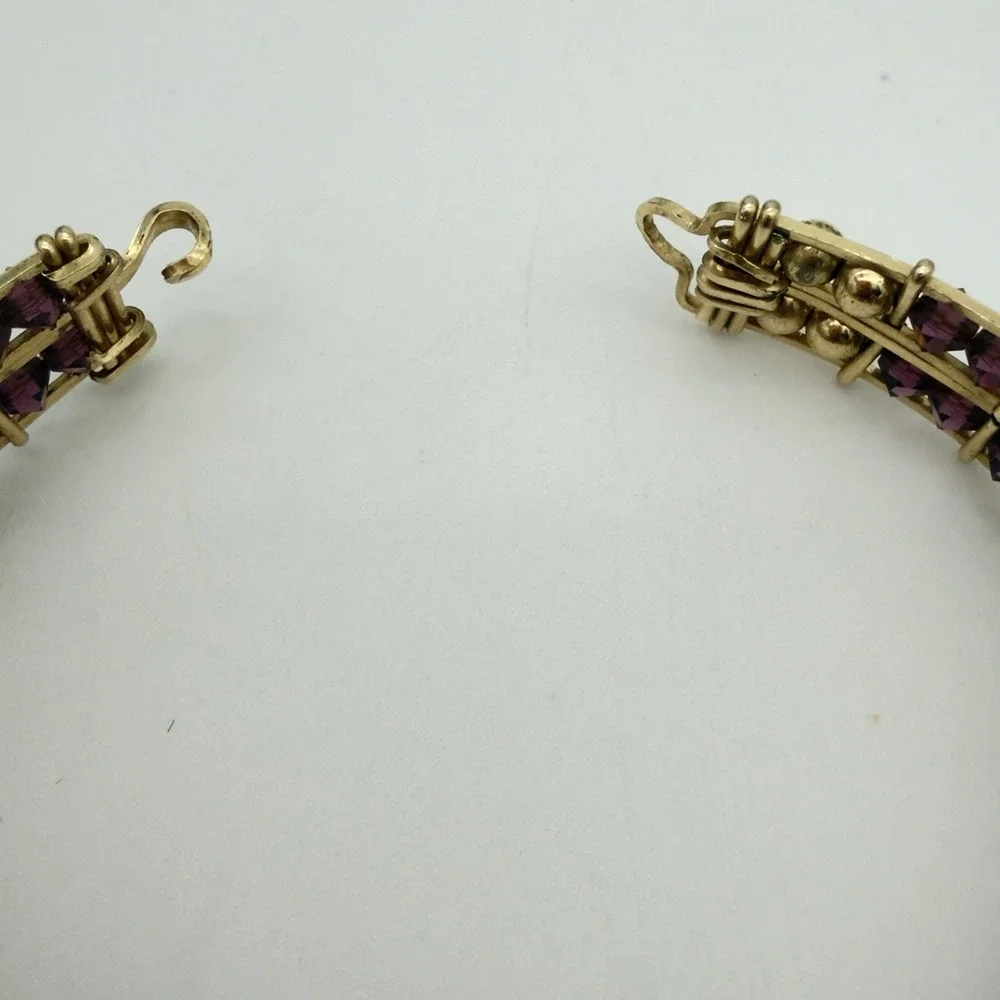 Vintage Rolled Gold Wire Wrapped Bracelet Purple Crystal Faux Pearl Beaded Read